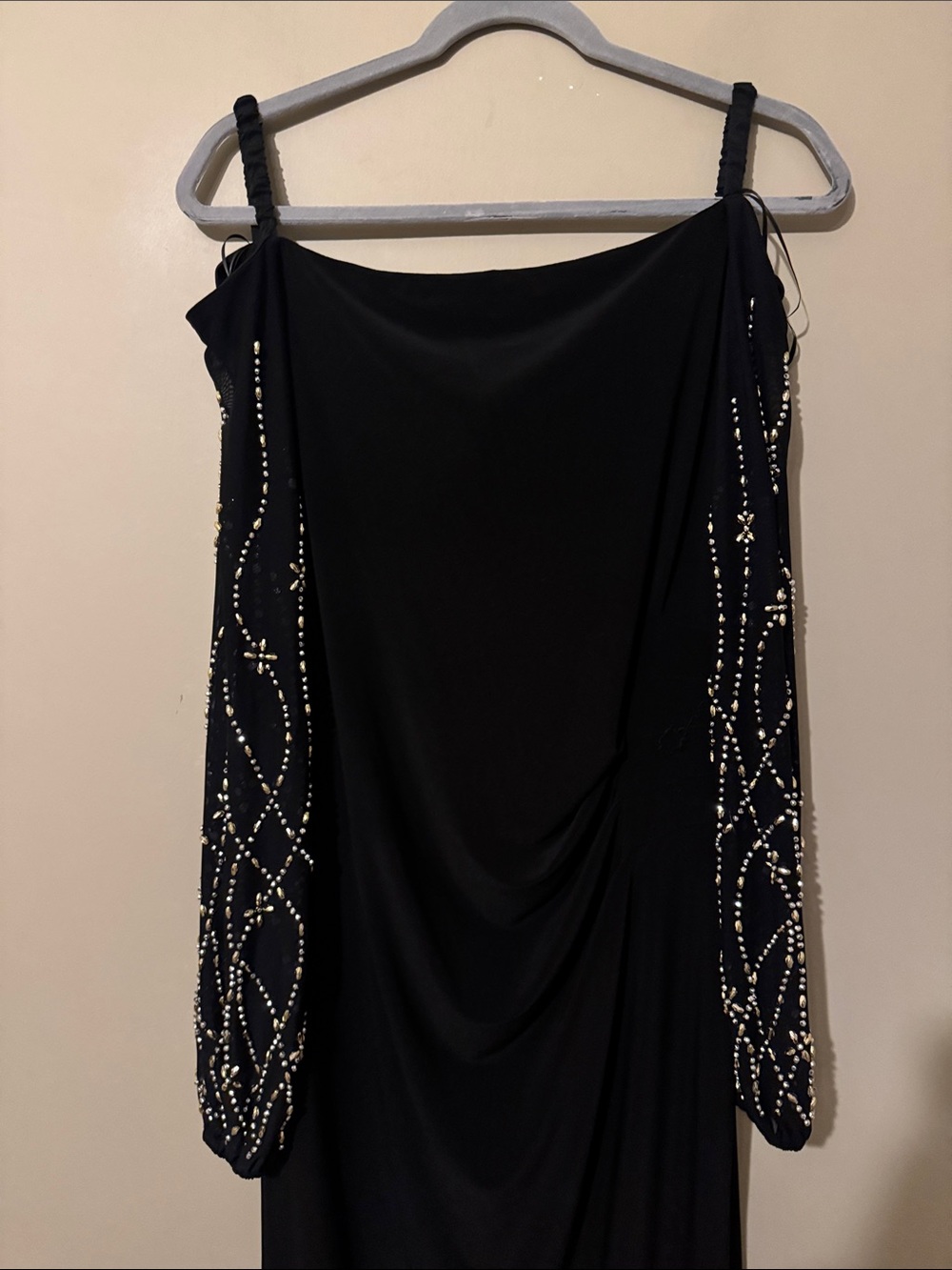 NWOT Marina Off the Shoulder Long Sleeve Beaded Midi Dress, Black, size Large - Picture 4 of 10